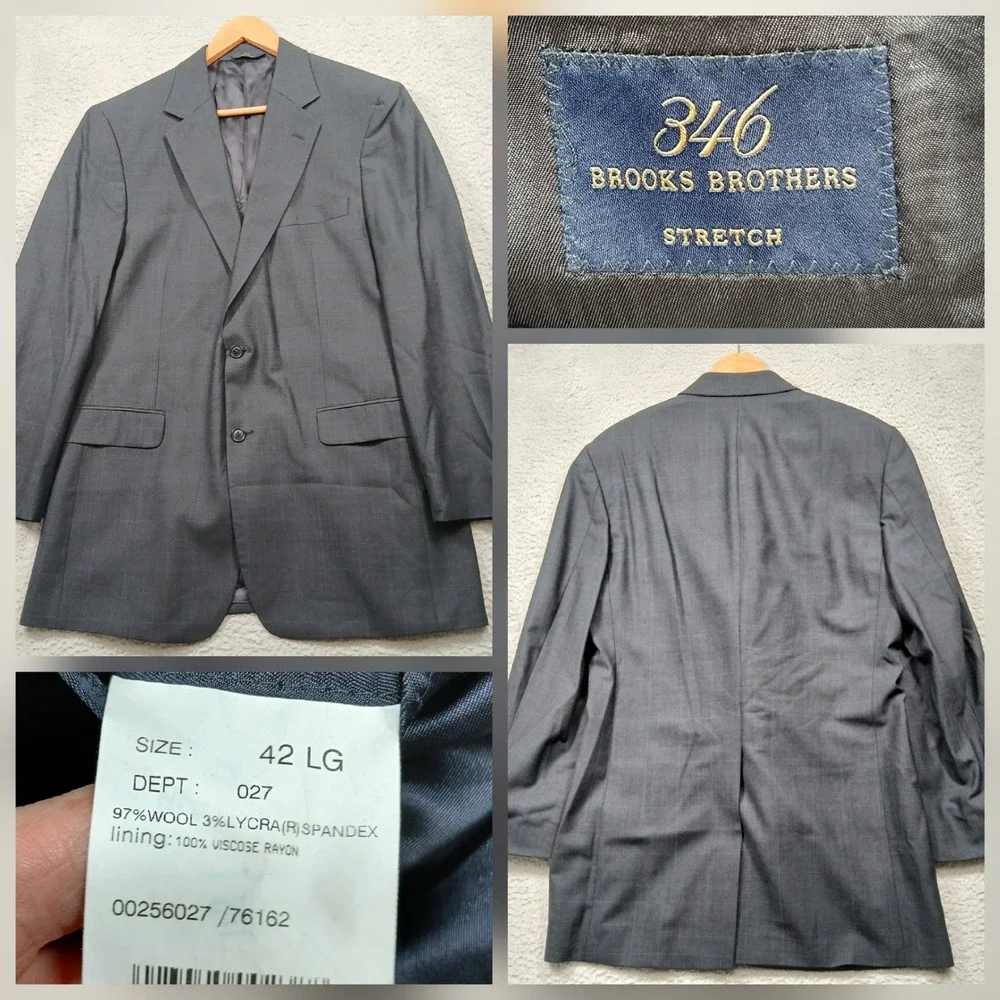 Brooks Brothers 346 Blazer Men's 42L‎ Gray Wool Stretch 2-Button Jacket